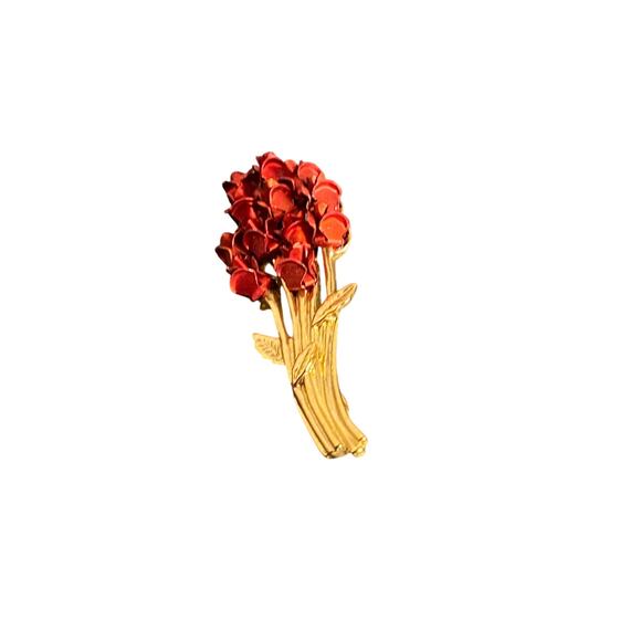 Pin Brooch Bouquet of Red Roses Goldtone 2 in X .75 in Marked Joesph Warner (W) - Picture 7 of 11